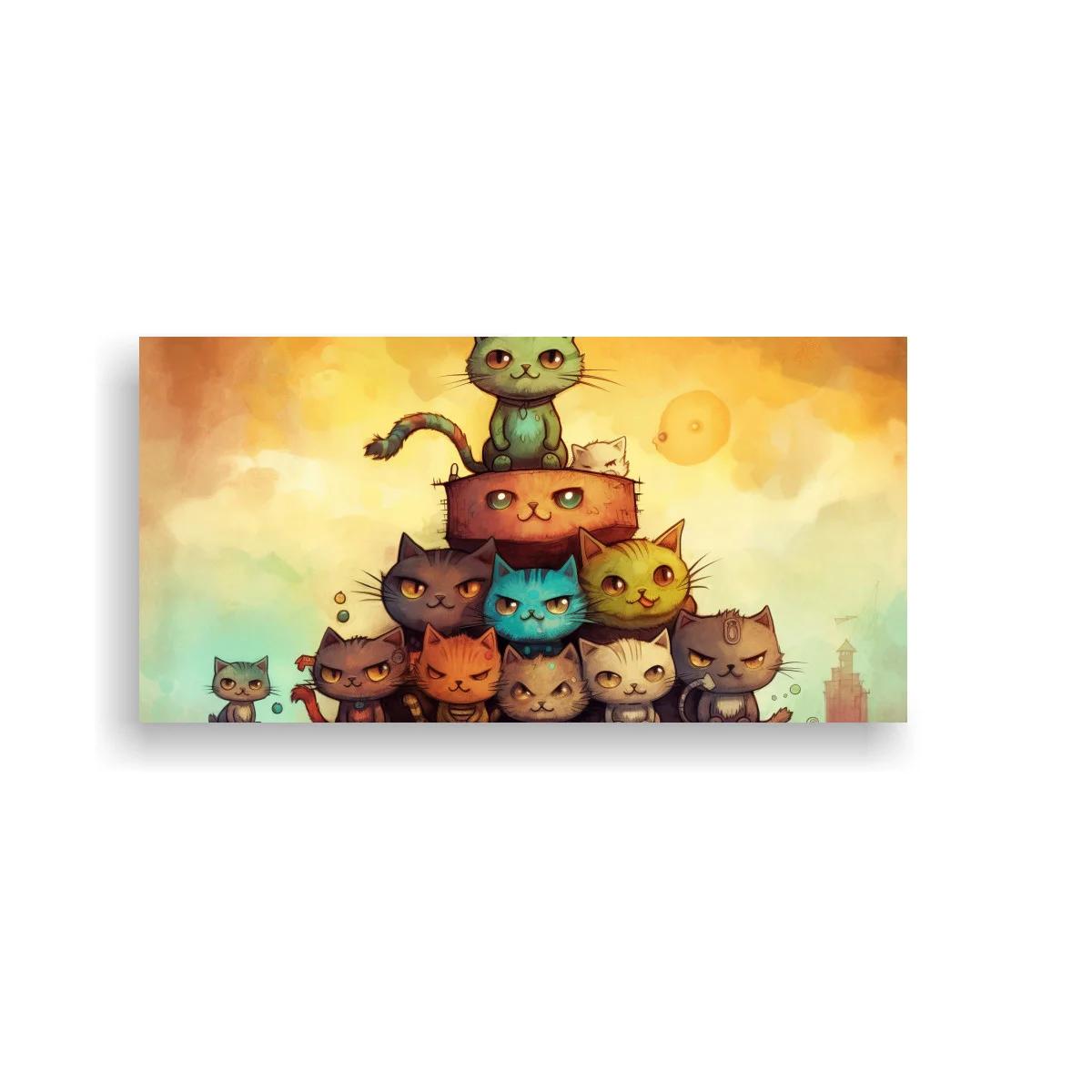 Cuadro grupo de gatos caricaturescos con sol y cielo difuso