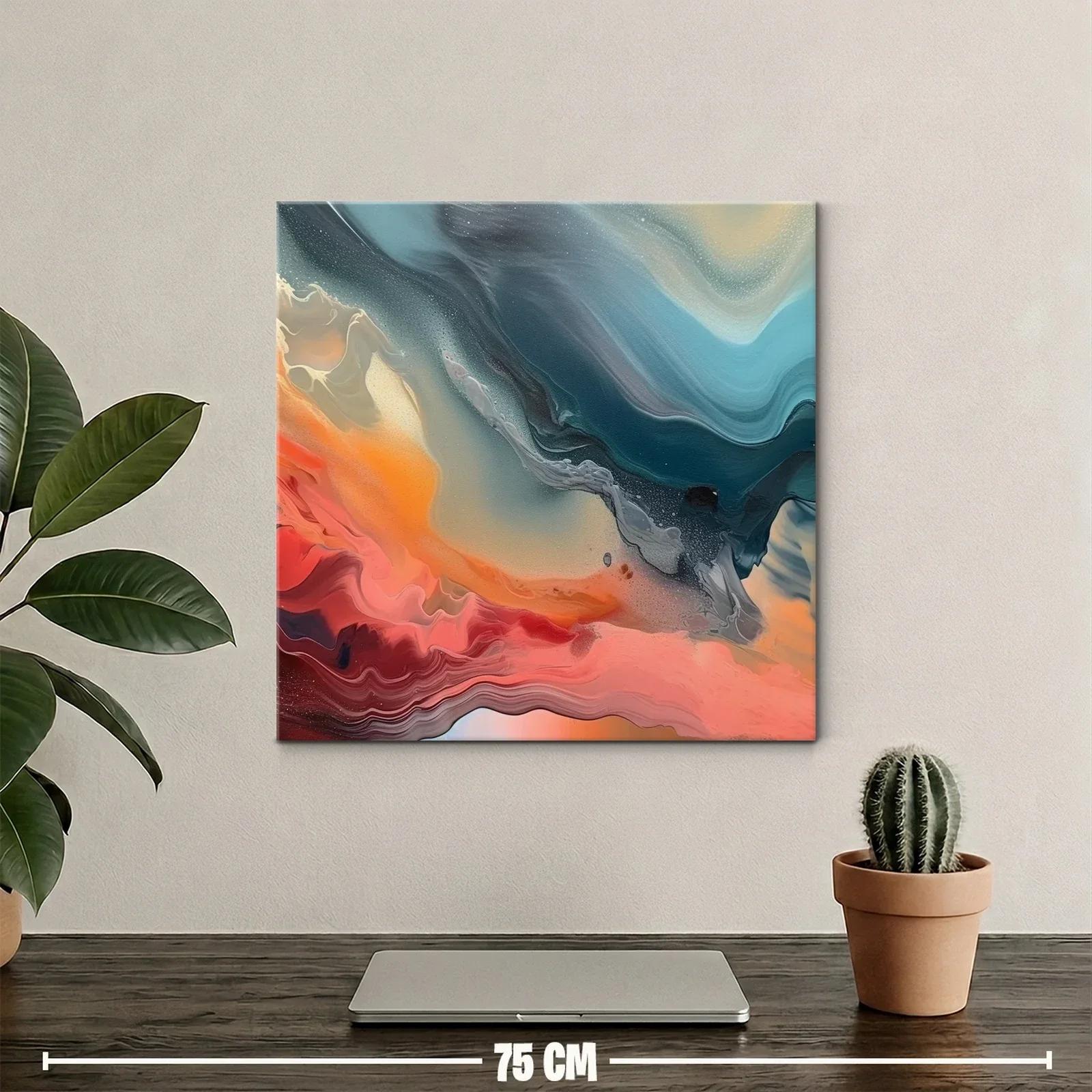 Cuadro abstracto en tonos cálidos y fríos con movimiento fluido — miniatura 2