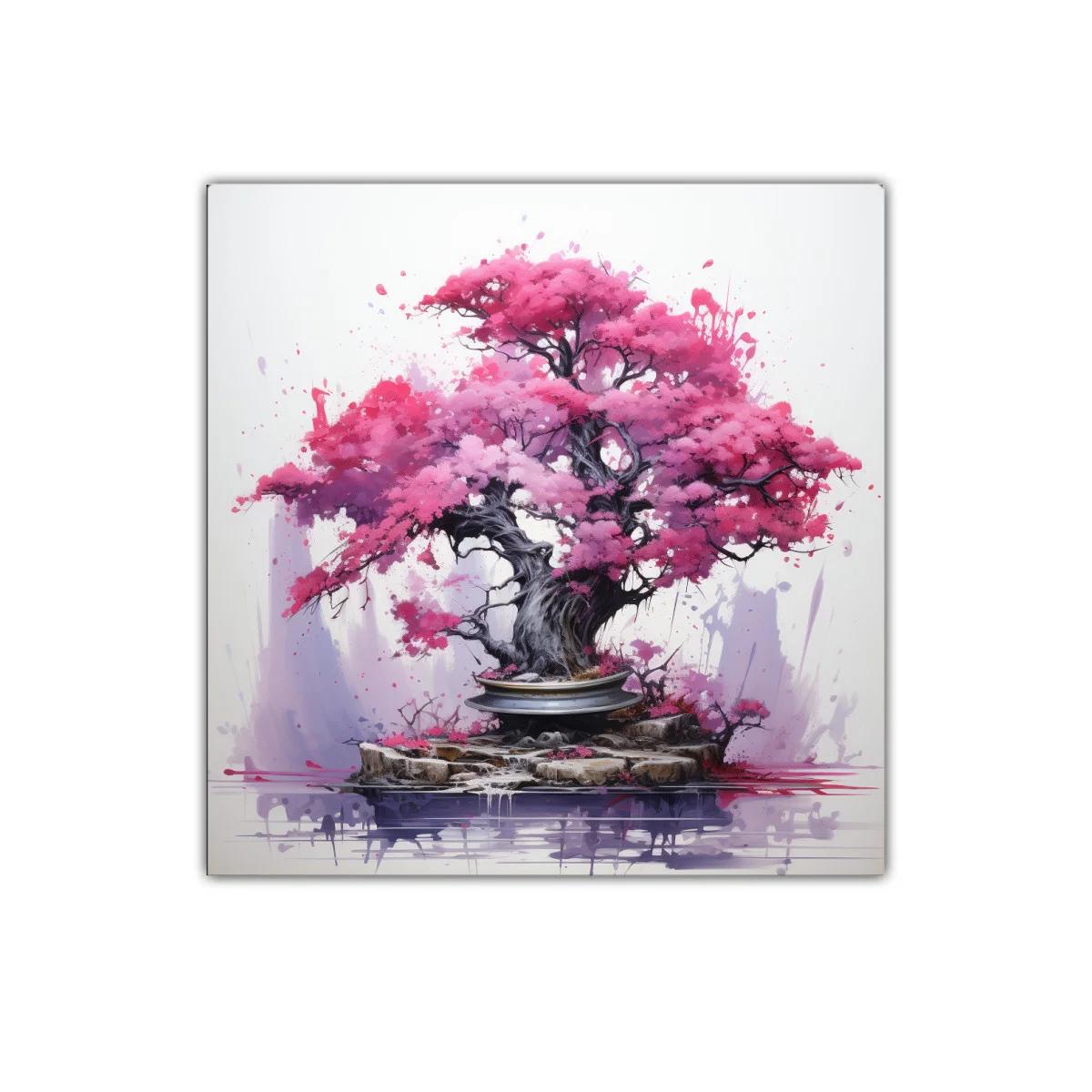 Cuadro árbol bonsái con follaje rosa intenso y fondo minimalista — imagen principal