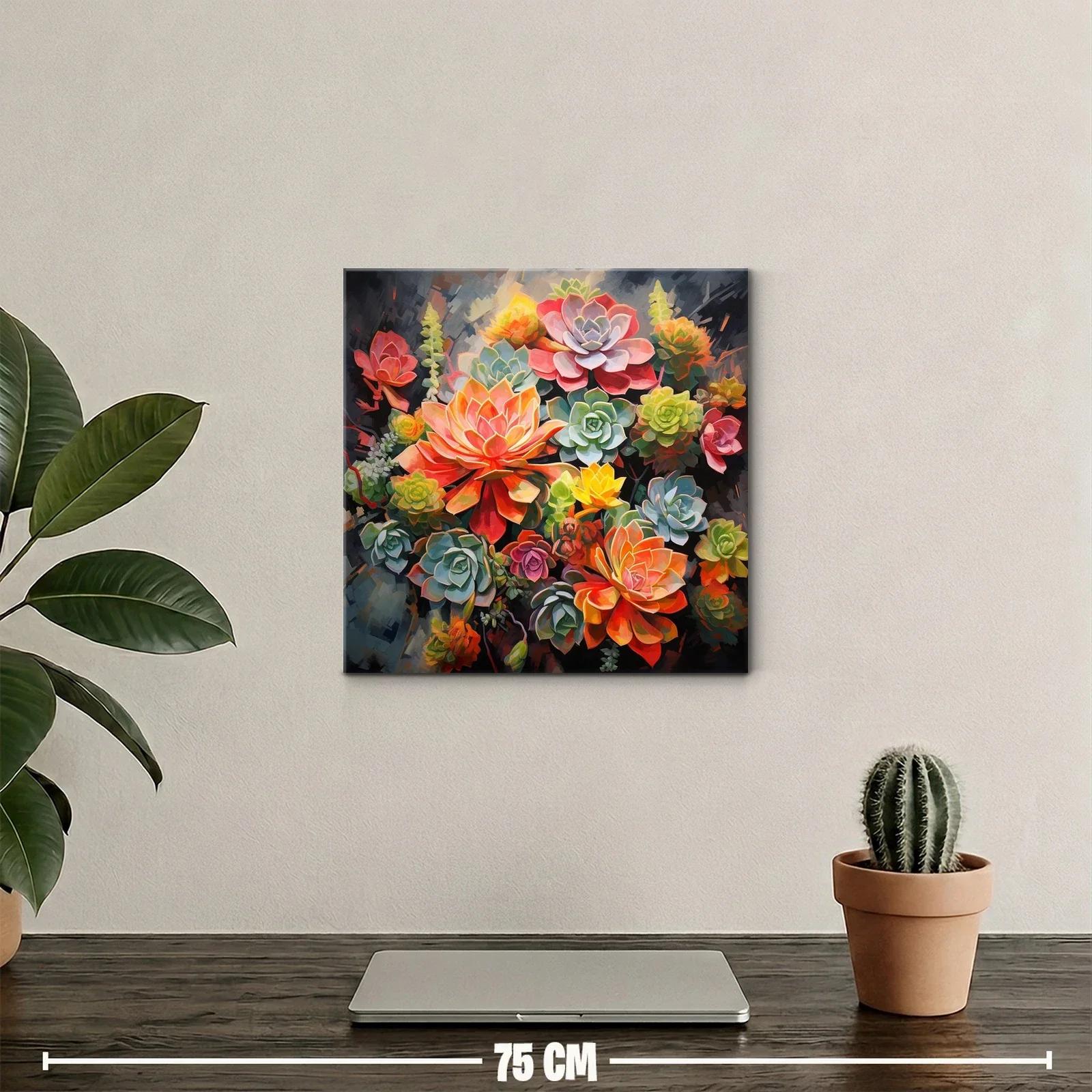 Cuadro floral vibrante con suculentas en tonos cálidos y verdes — miniatura 2