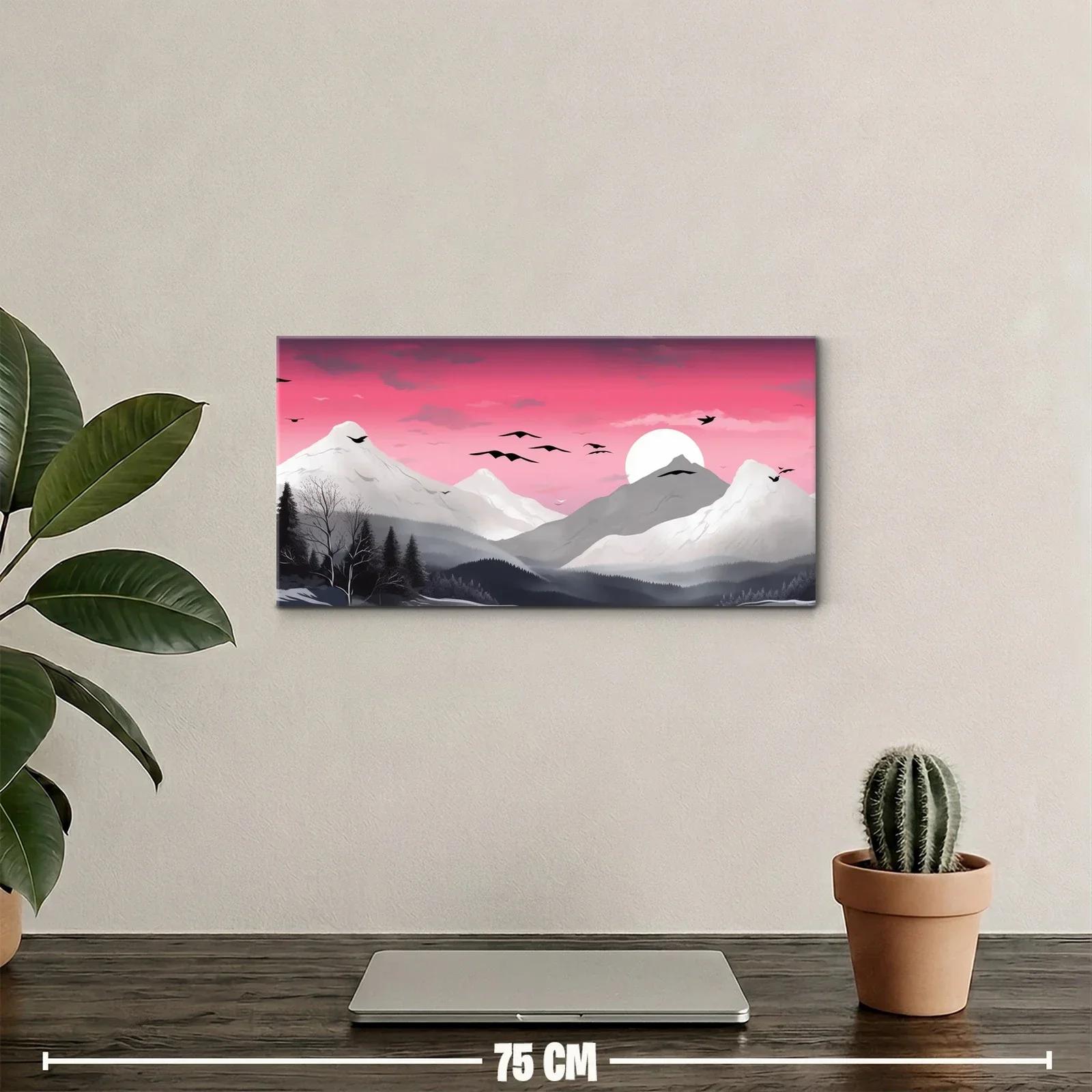 Cuadro paisaje de montañas nevadas al atardecer con aves en vuelo — miniatura 2