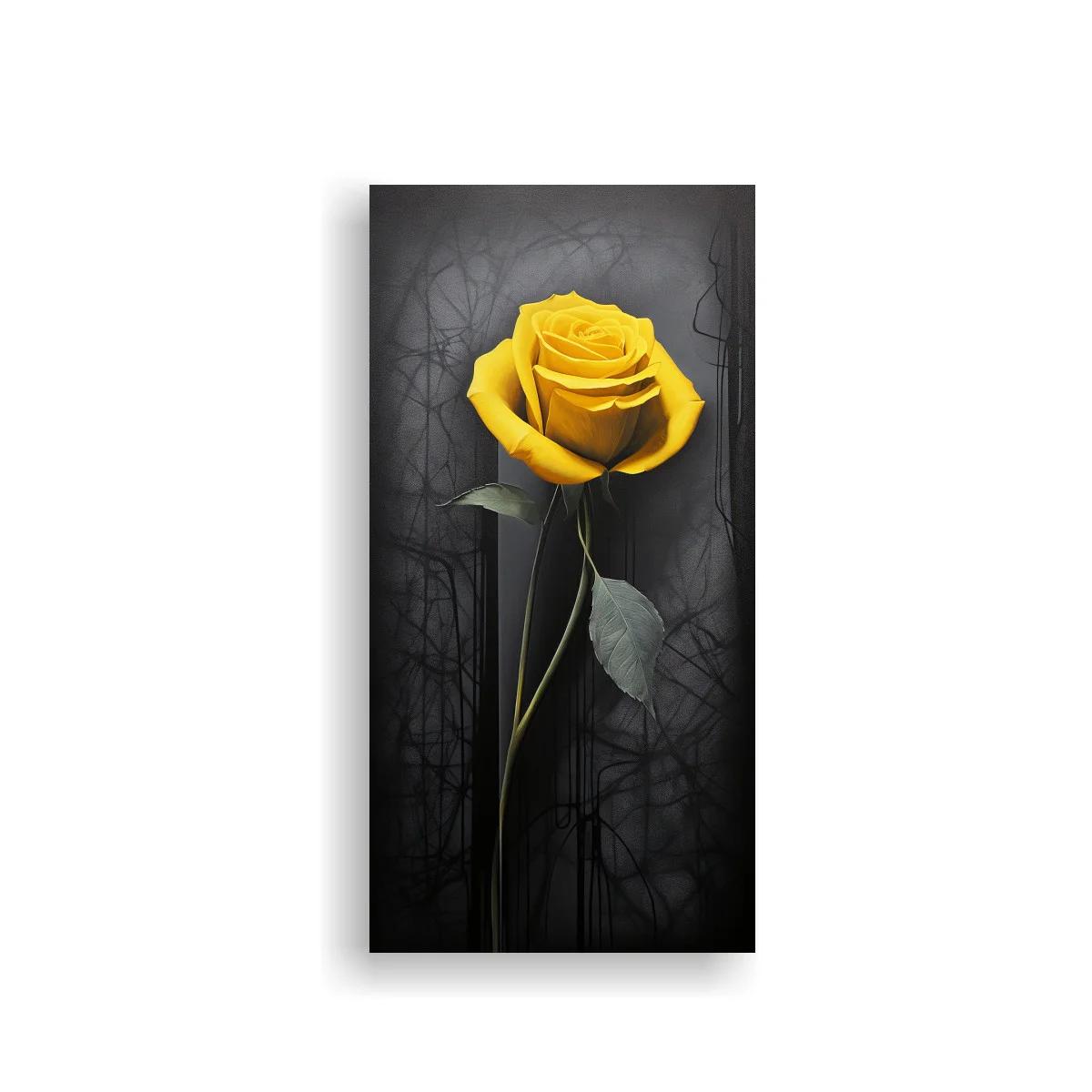 Cuadro rosa amarilla de tallo largo sobre fondo oscuro