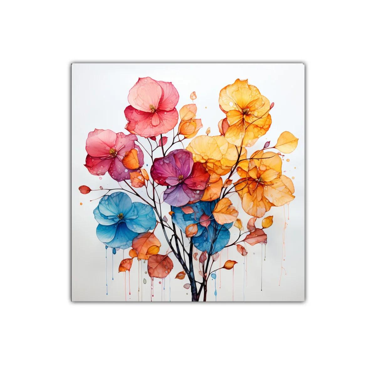 Cuadro decorativo ramo floral en vibrantes tonos cálidos y fríos