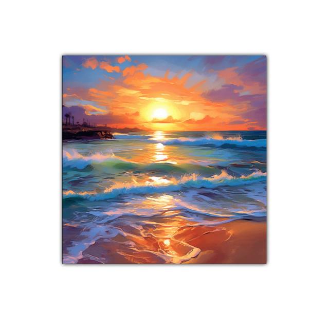 Atardecer vibrante con olas en playa serena