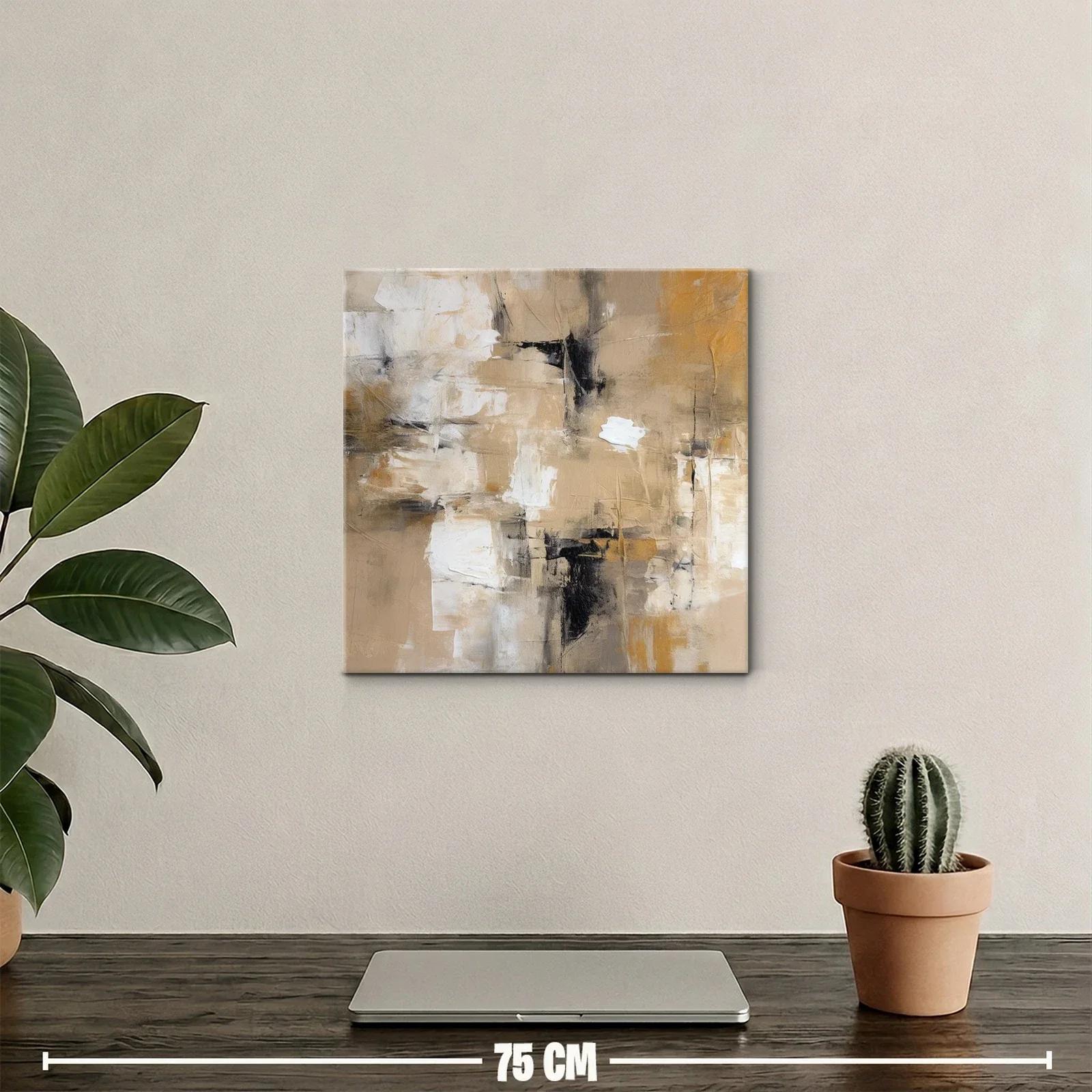 Cuadro abstracto en tonos beige y ocres con contraste negro — miniatura 2
