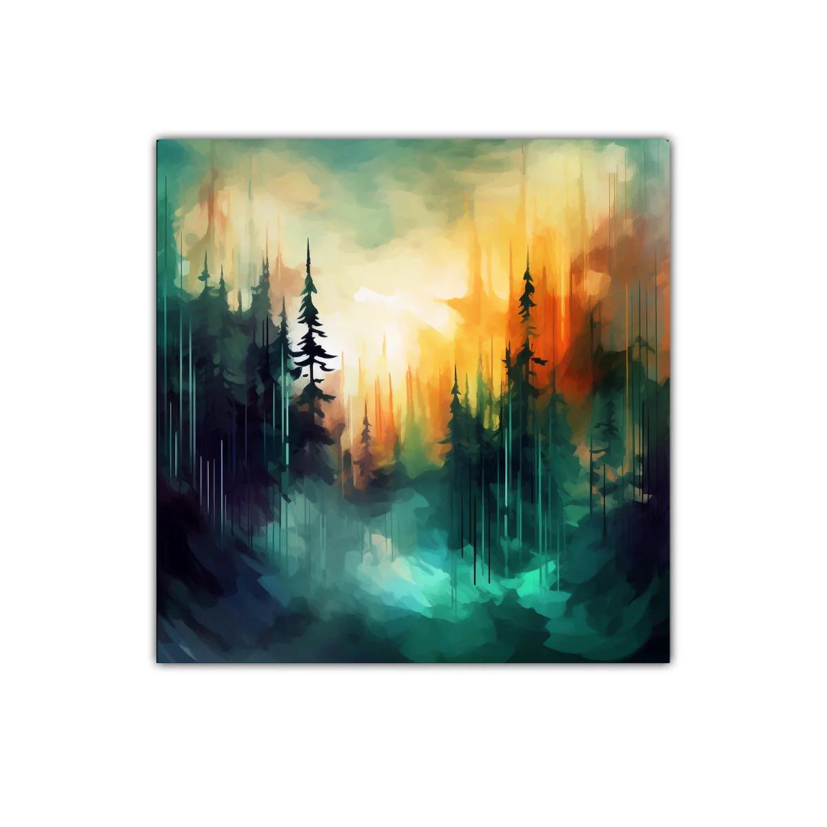 Bosque abstracto al amanecer con luces vibrantes y contraste — imagen principal
