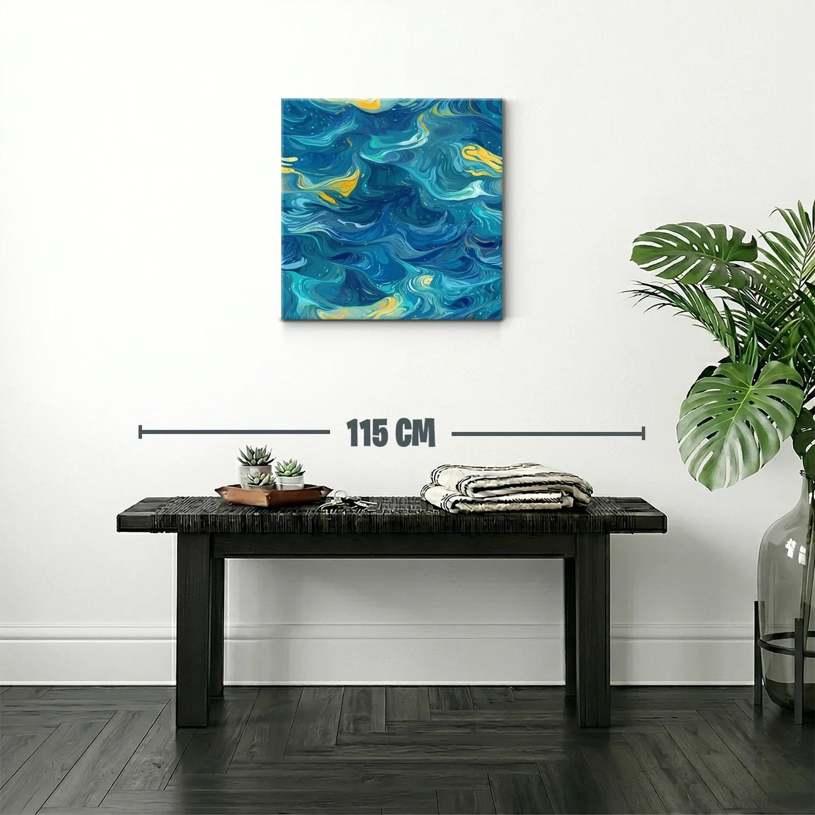 Cuadro abstracto con remolinos azules y toques amarillos — miniatura 2