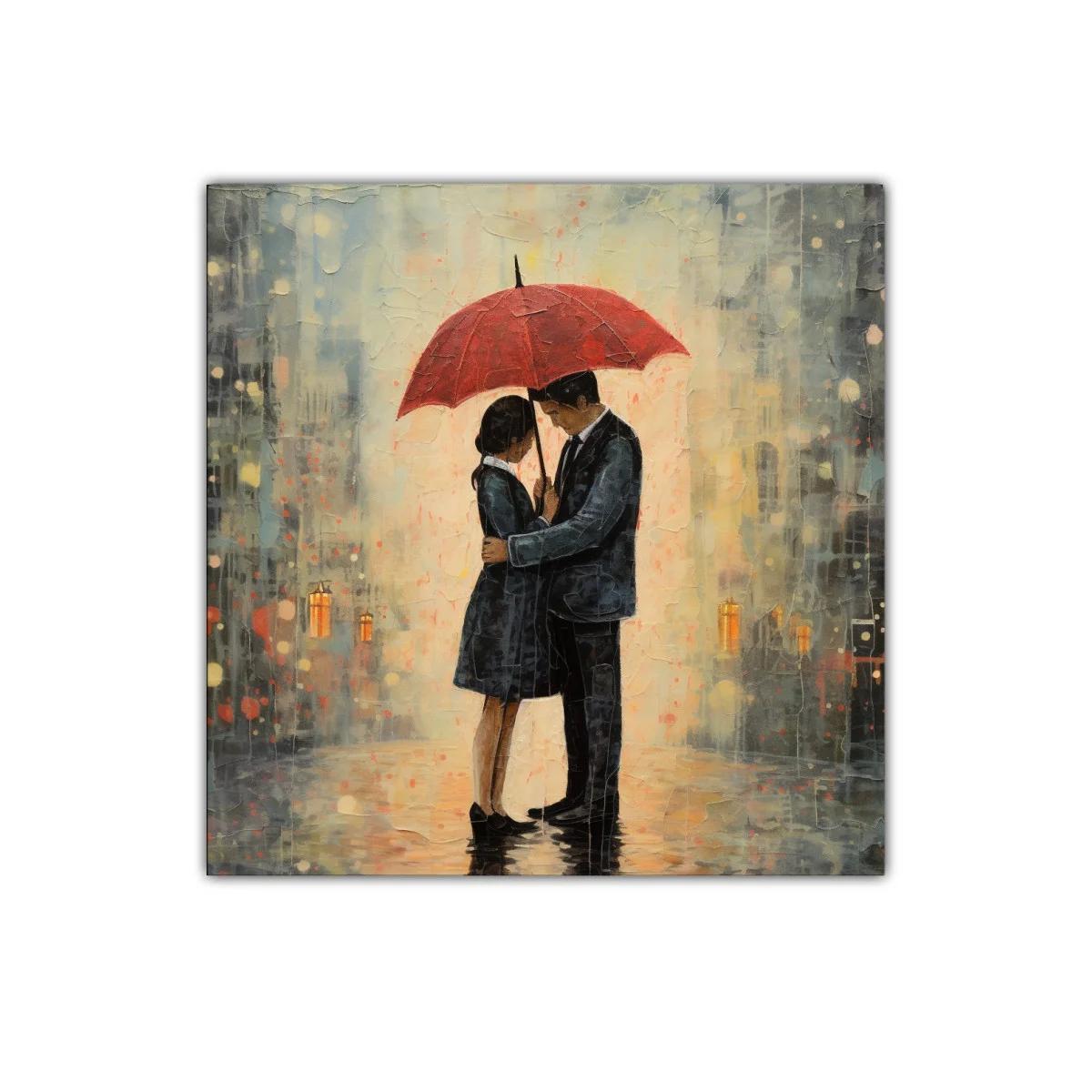 Romántico abrazo bajo un paraguas rojo en la lluvia