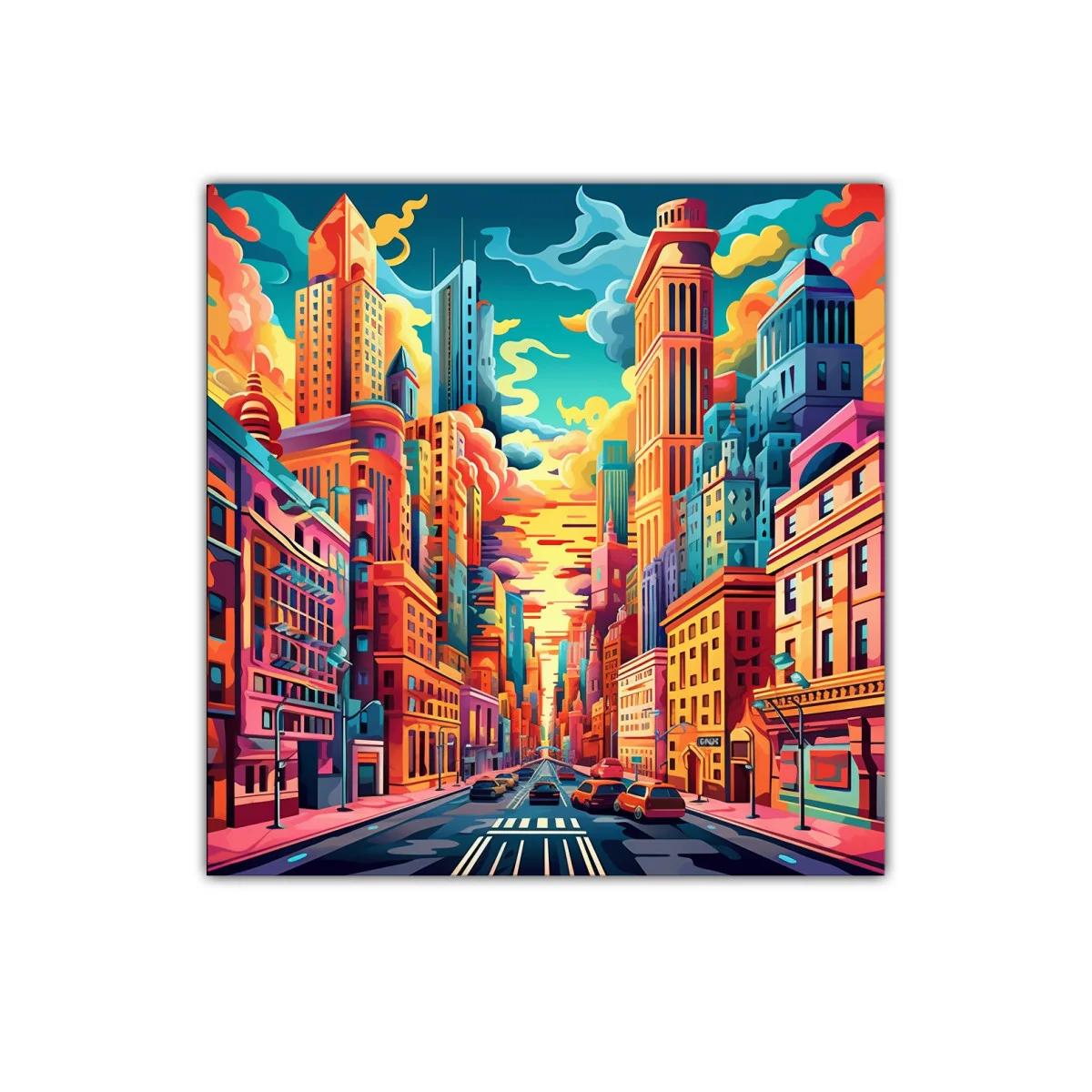Vibrante paisaje urbano con cielo al atardecer