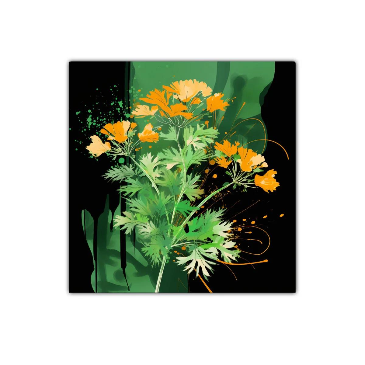 Cuadro decorativo con flores naranjas sobre fondo verde y negro