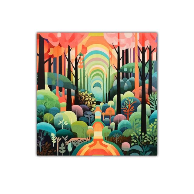 Bosque colorido con arcos de luz en tonos vibrantes