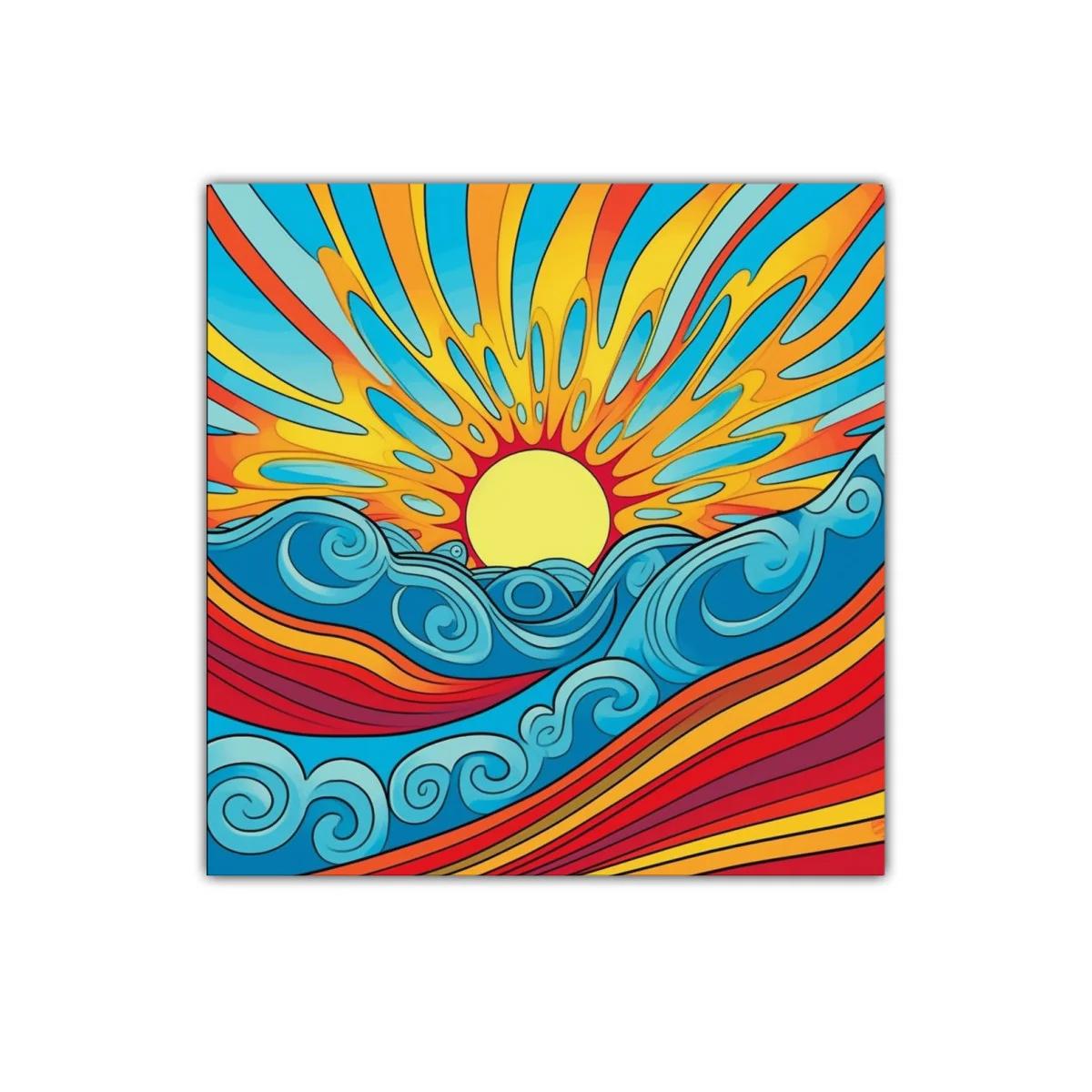 Cuadro decorativo sol radiante sobre olas estilizadas