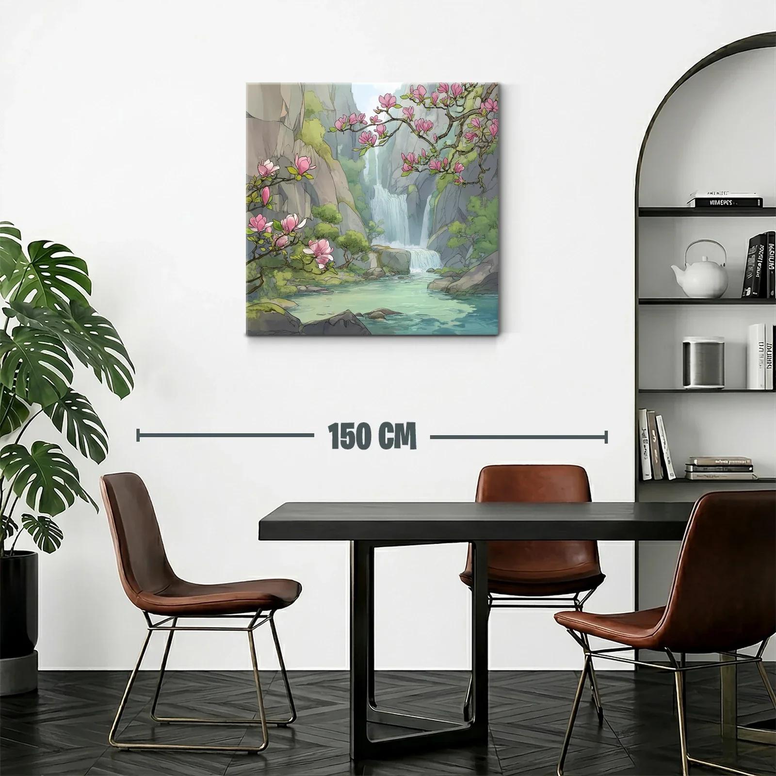 Paisaje sereno con cascada y flores rosadas en ribera — miniatura 2