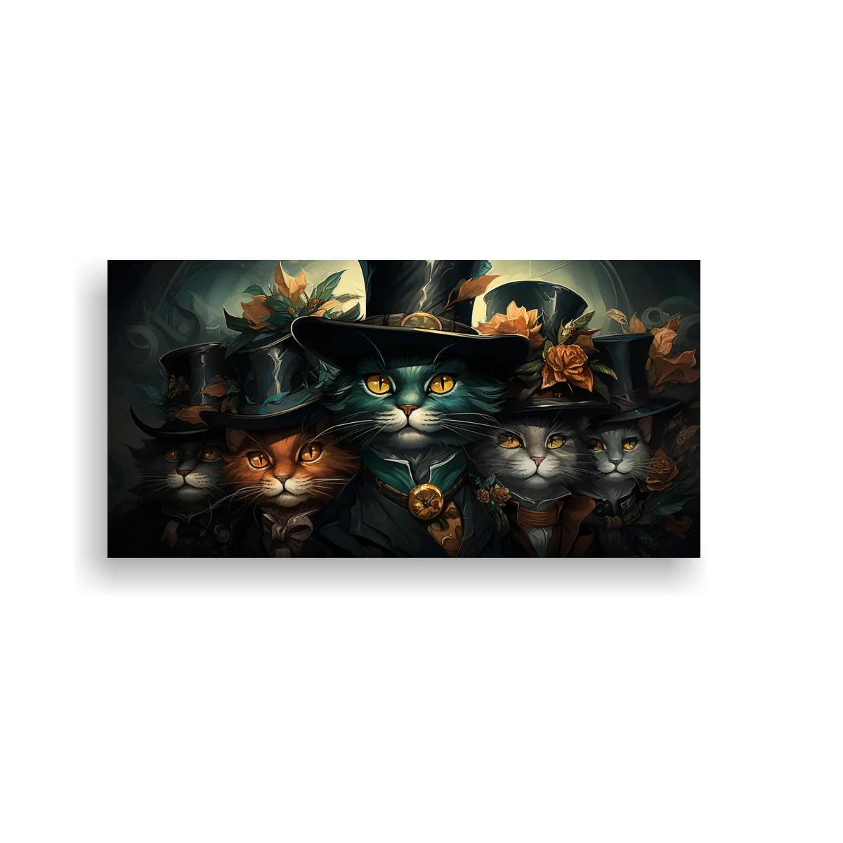 Cuadro grupo de gatos con sombreros de copa y medallón colgante