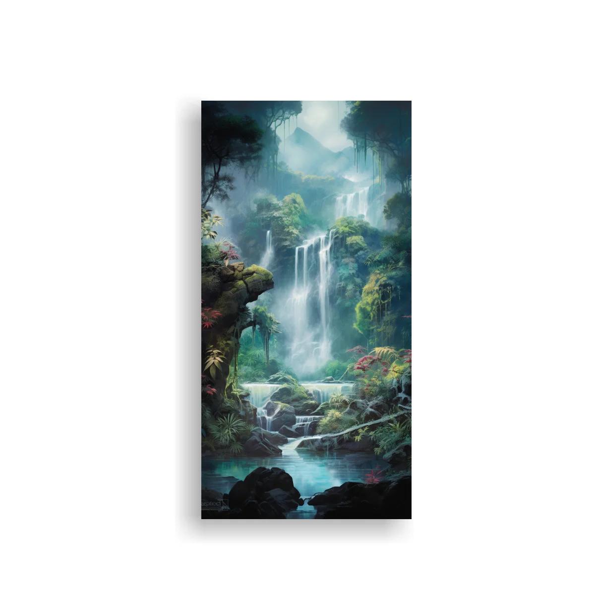 Cuadro cascada tropical entre rocas y neblina