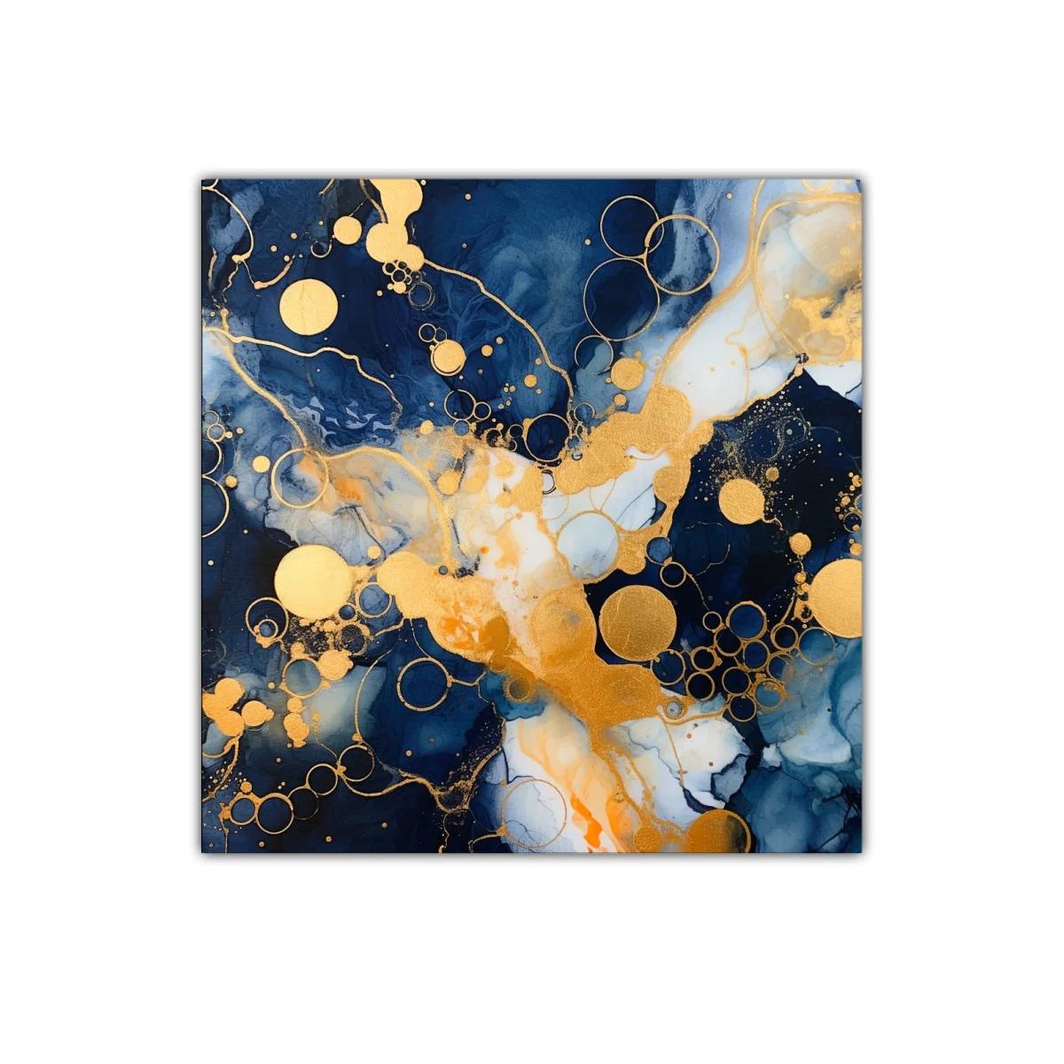Cuadro abstracto con círculos dorados y tonos azul profundo