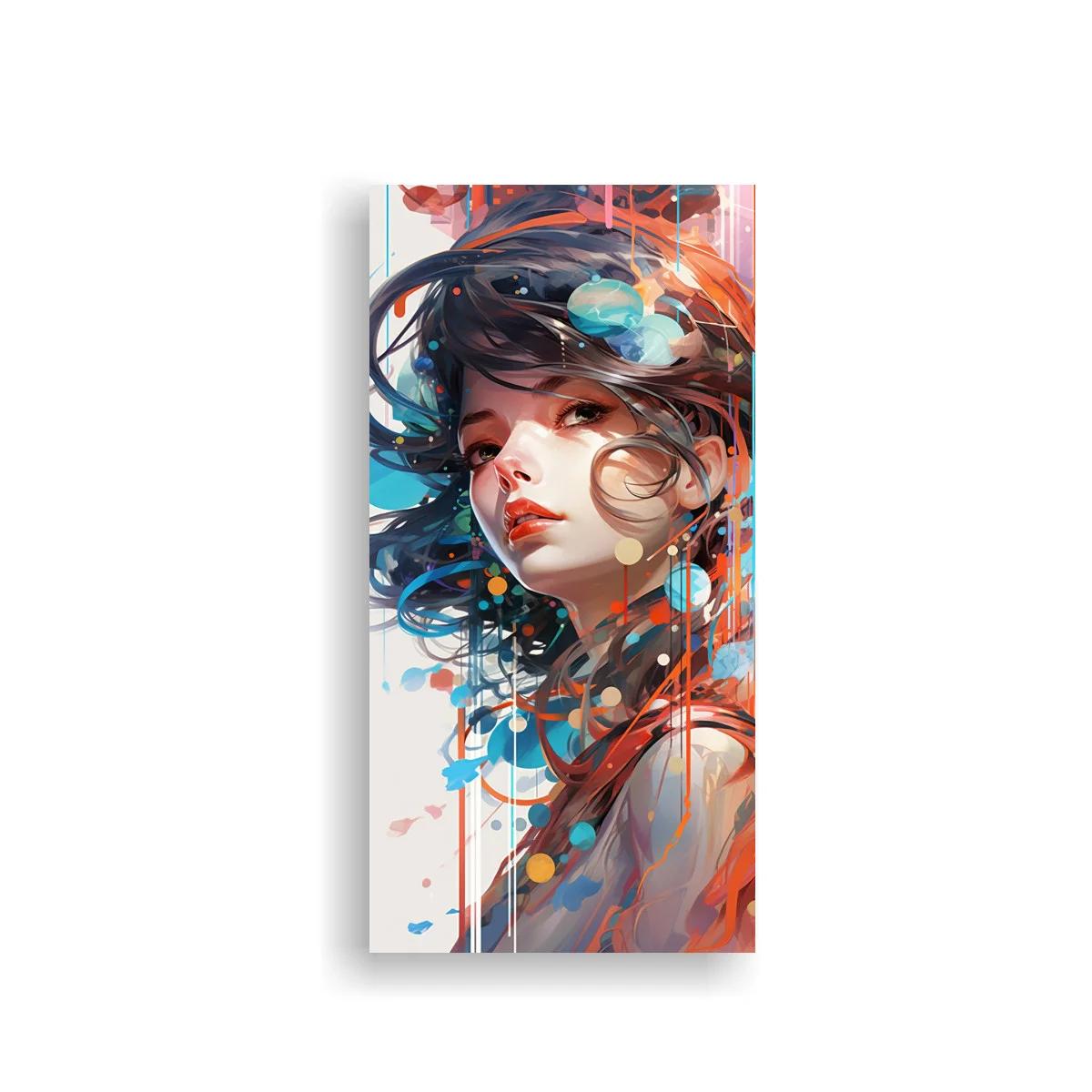 Cuadro retrato de mujer con círculos de color y goteos