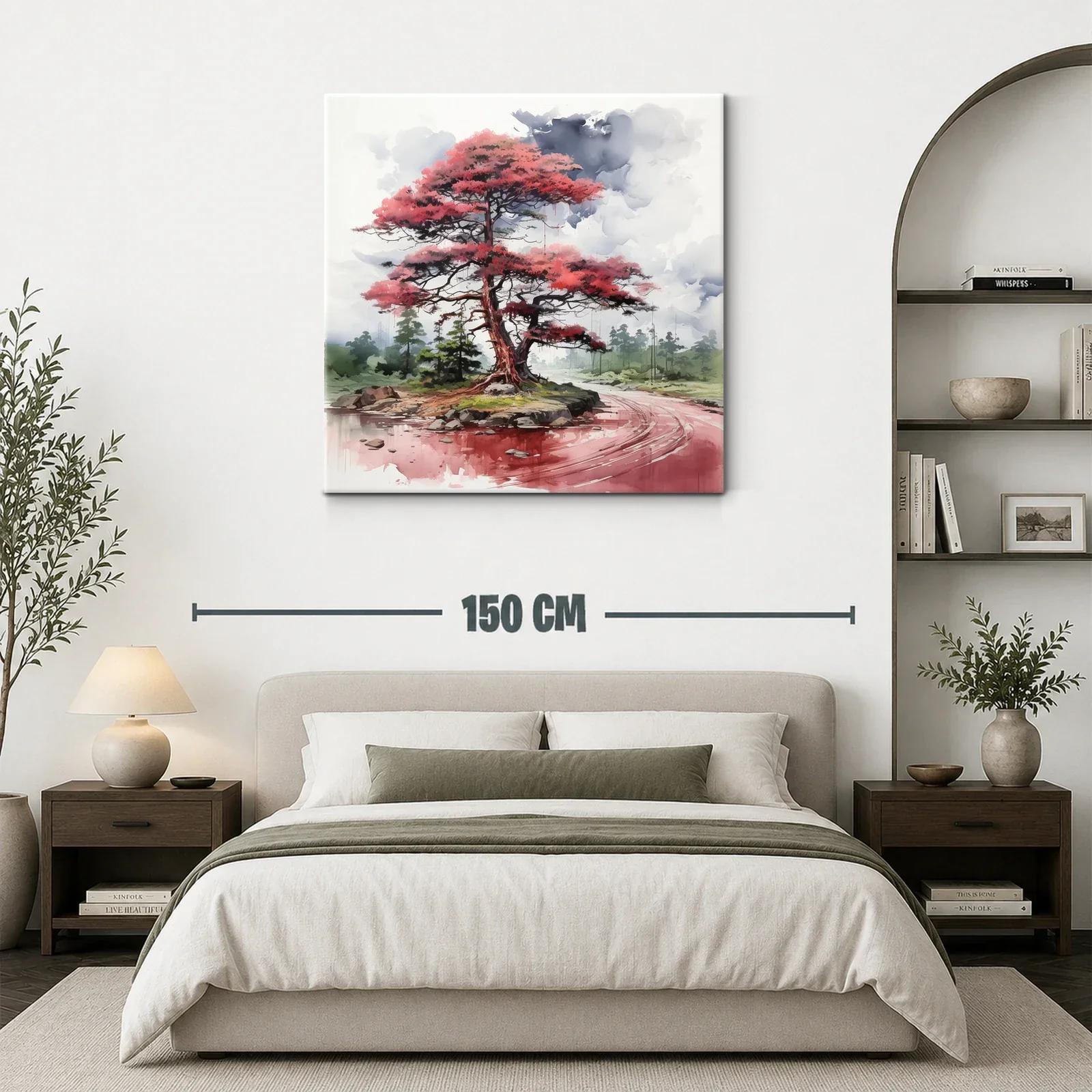 Árbol rojo junto al río en paisaje tranquilo y etéreo — miniatura 3