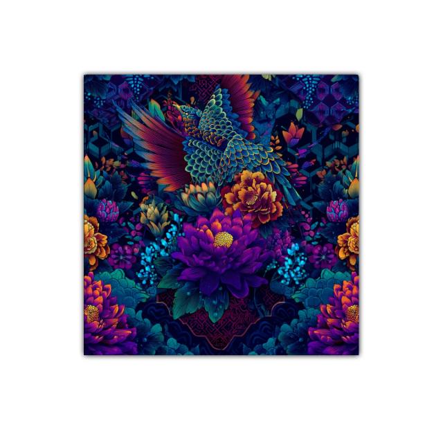 Cuadro decorativo con ave y flores vibrantes en tonos intensos