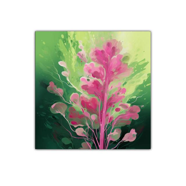 Cuadro decorativo con hoja vibrante en tonos rosa y verde