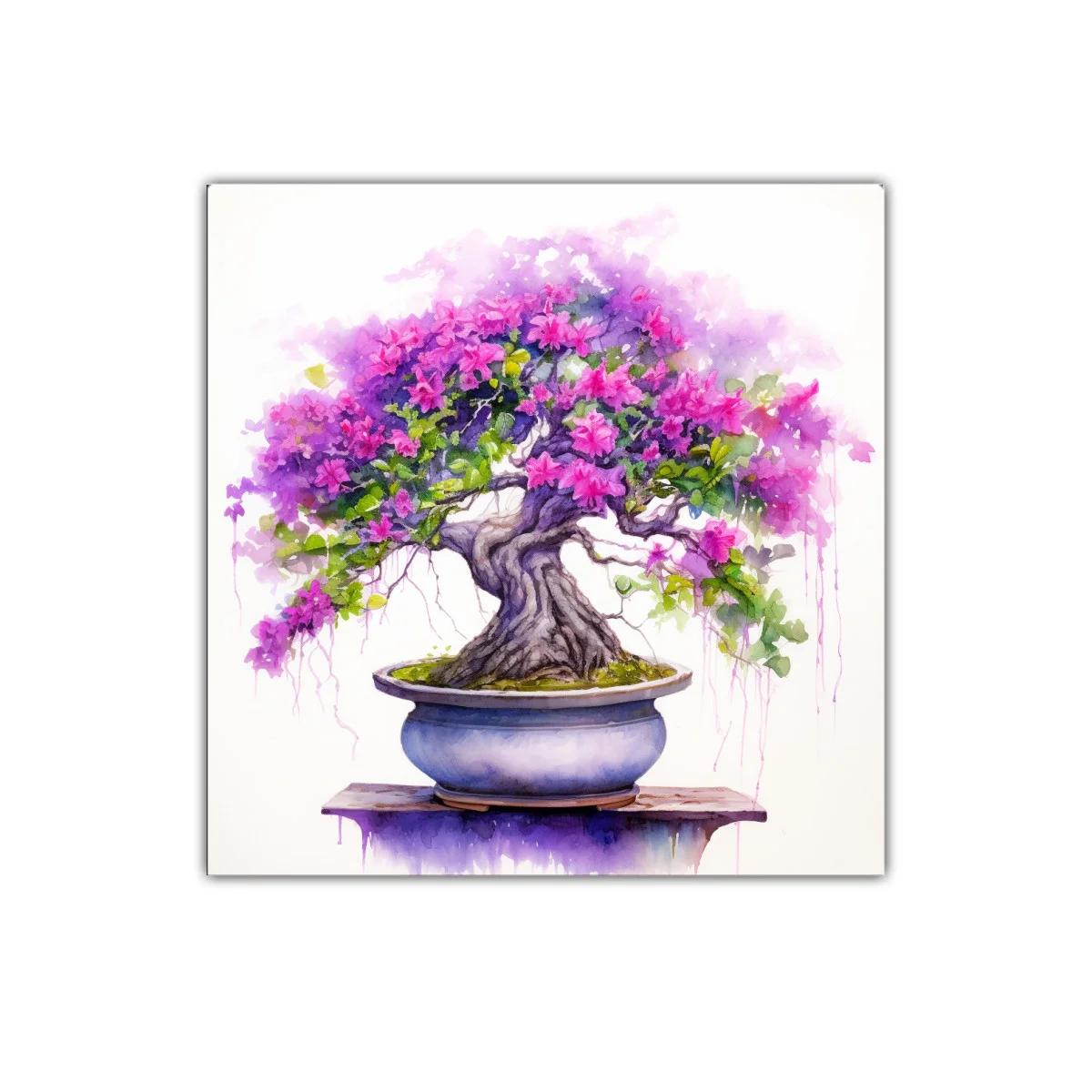 Cuadro decorativo con bonsái florido en tonos violetas y rosas — imagen principal