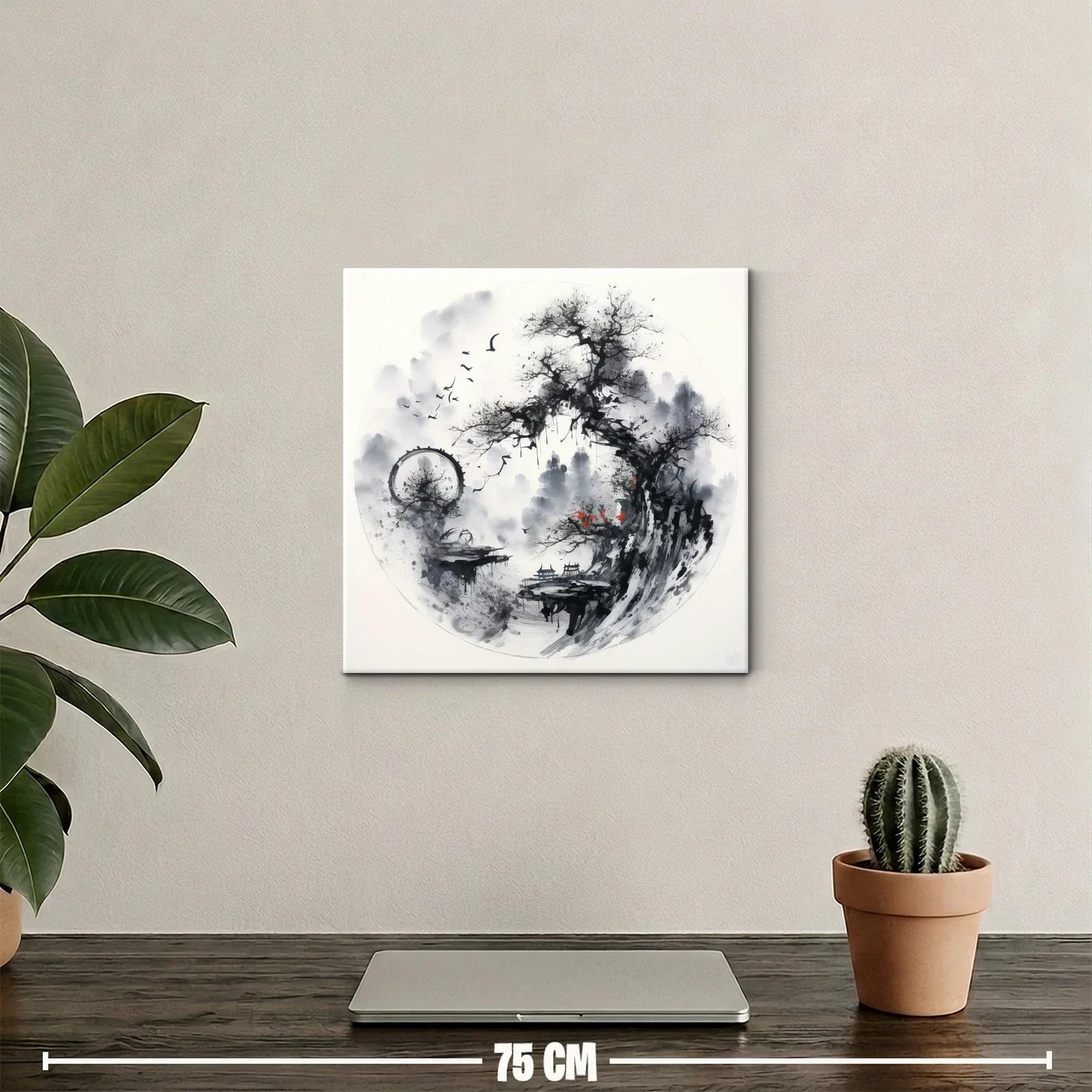 Paisaje asiático con árbol y aves en tonos monocromos — miniatura 2
