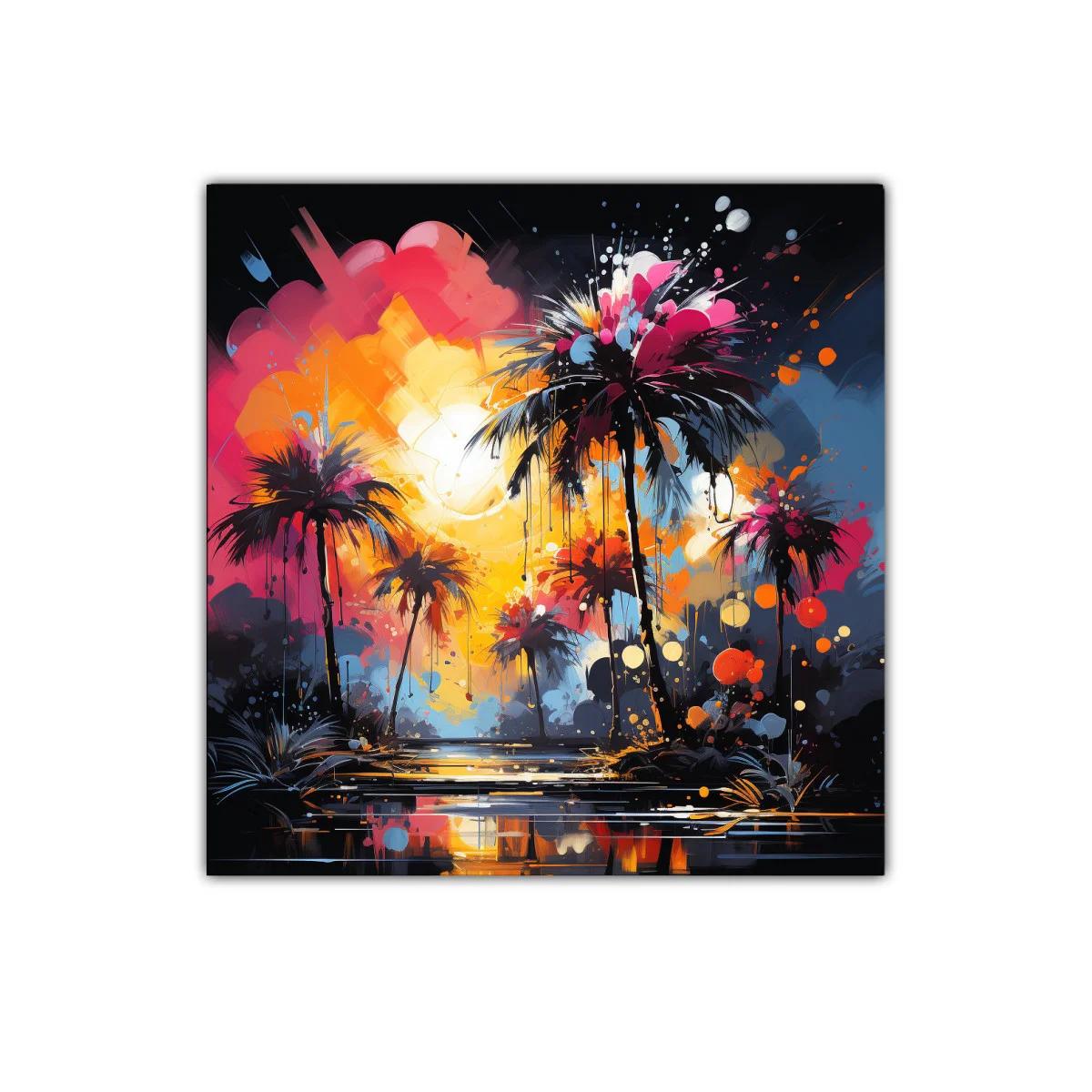 Atardecer vibrante con palmeras en explosión de colores — imagen principal