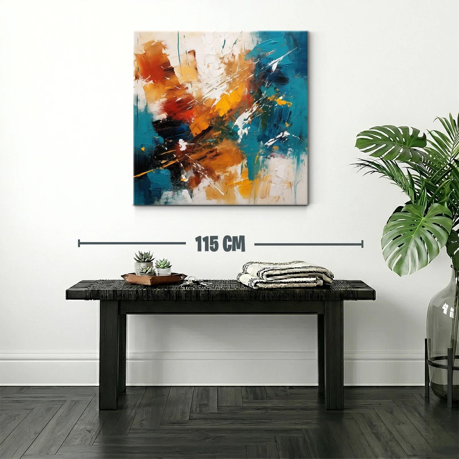 Cuadro abstracto con tonos cálidos y azul turquesa vibrante — miniatura 2