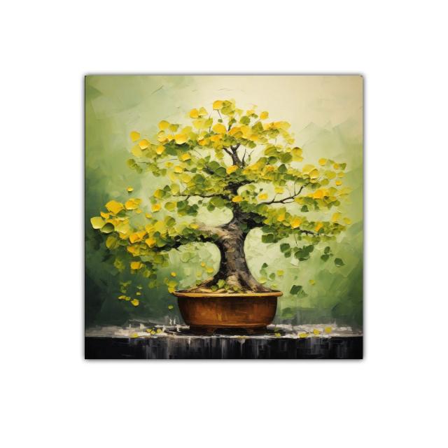 Arbol Bonsái con Hojas Amarillas y Fondo Verde Suave