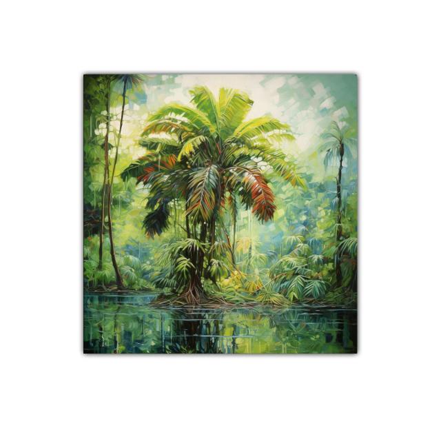 Exuberante paisaje tropical con palmera vibrante y reflejos