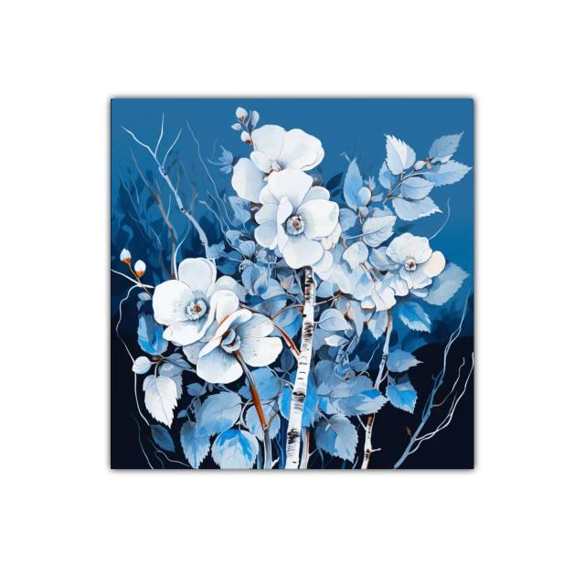 Cuadro floral en tonos azules y blancos con ramas delicadas