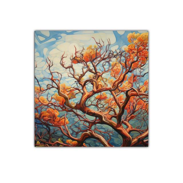 Árboles en tonos cálidos con cielo azul y nubes suaves