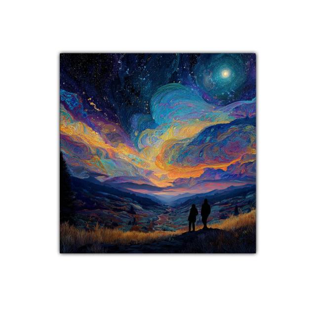 Paisaje nocturno con cielo estrellado y figuras en silueta