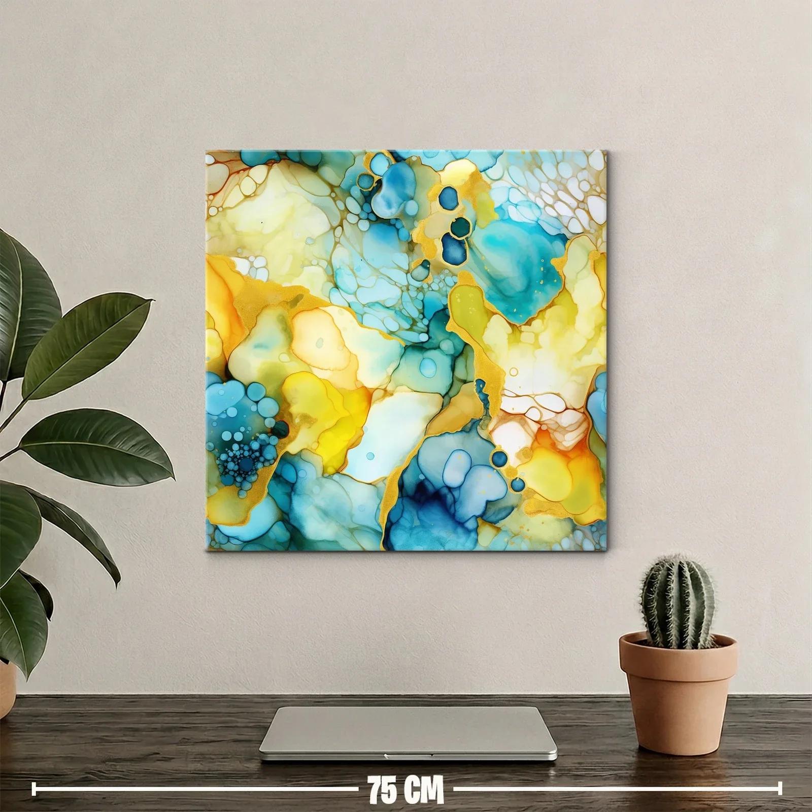 Cuadro abstracto con tonos azules y ocres vibrantes — miniatura 2