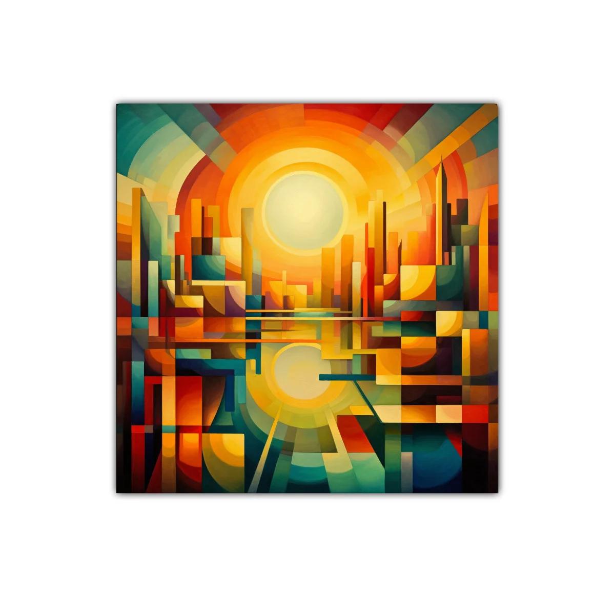 Ciudad abstracta al amanecer con vibrante paleta cálida — imagen principal