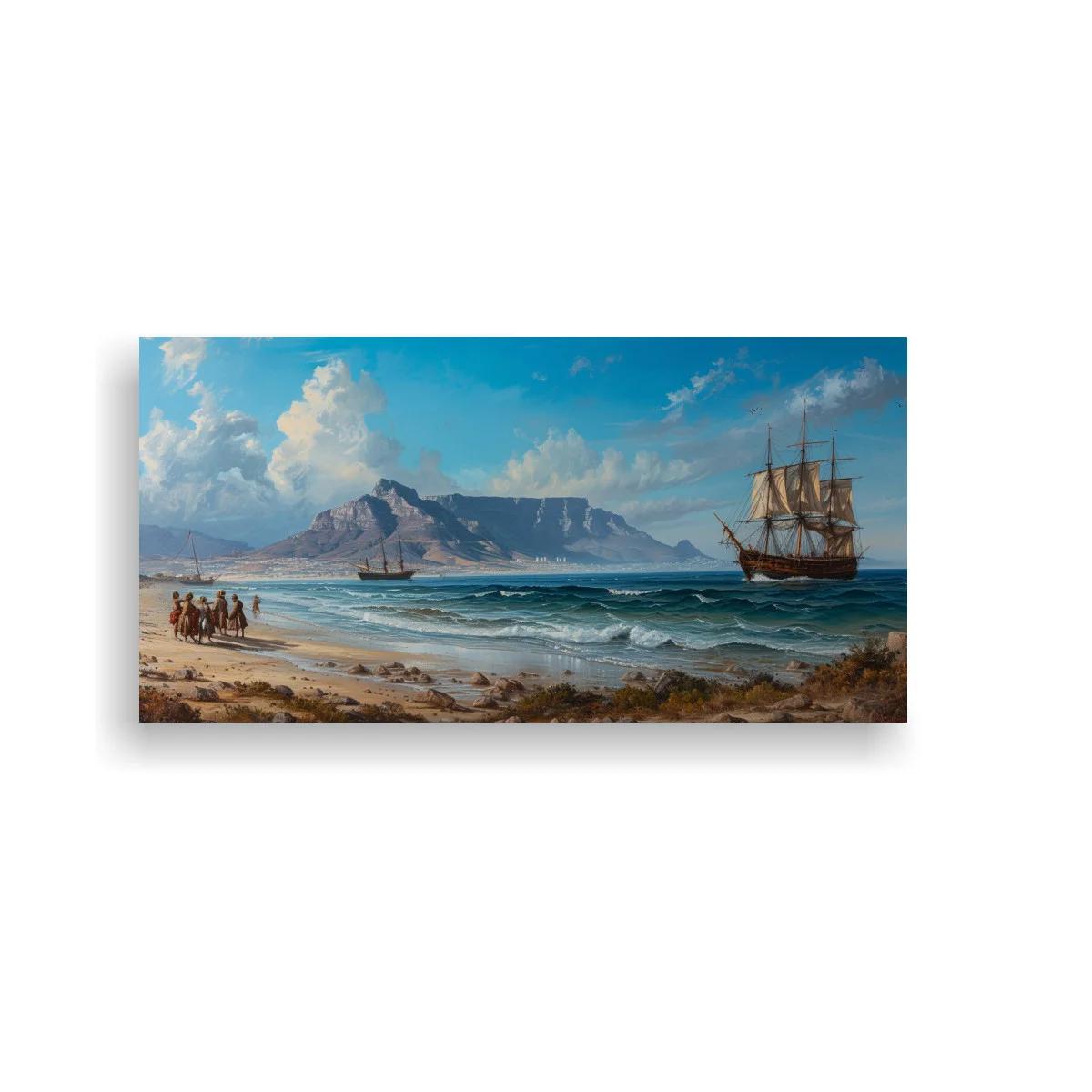 Cuadro paisaje marino con veleros y costa en franjas