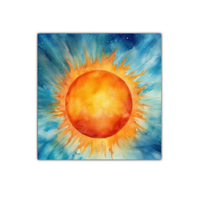 Cuadro vibrante con sol radiante en fondo azul celestial