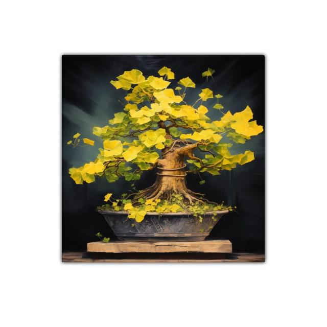 Bonsái de hojas doradas con fondo oscuro vibrante