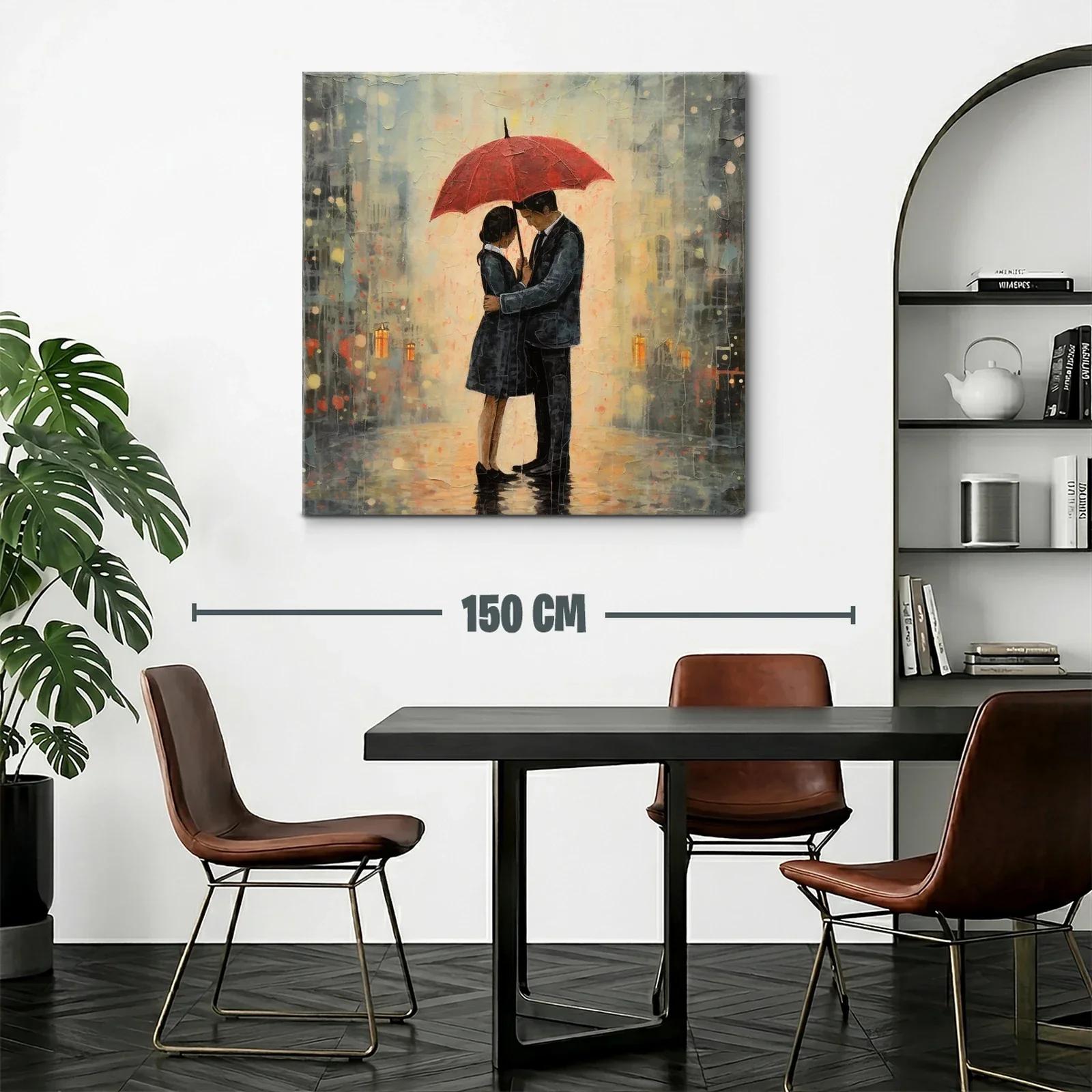 Romántico abrazo bajo un paraguas rojo en la lluvia — miniatura 2