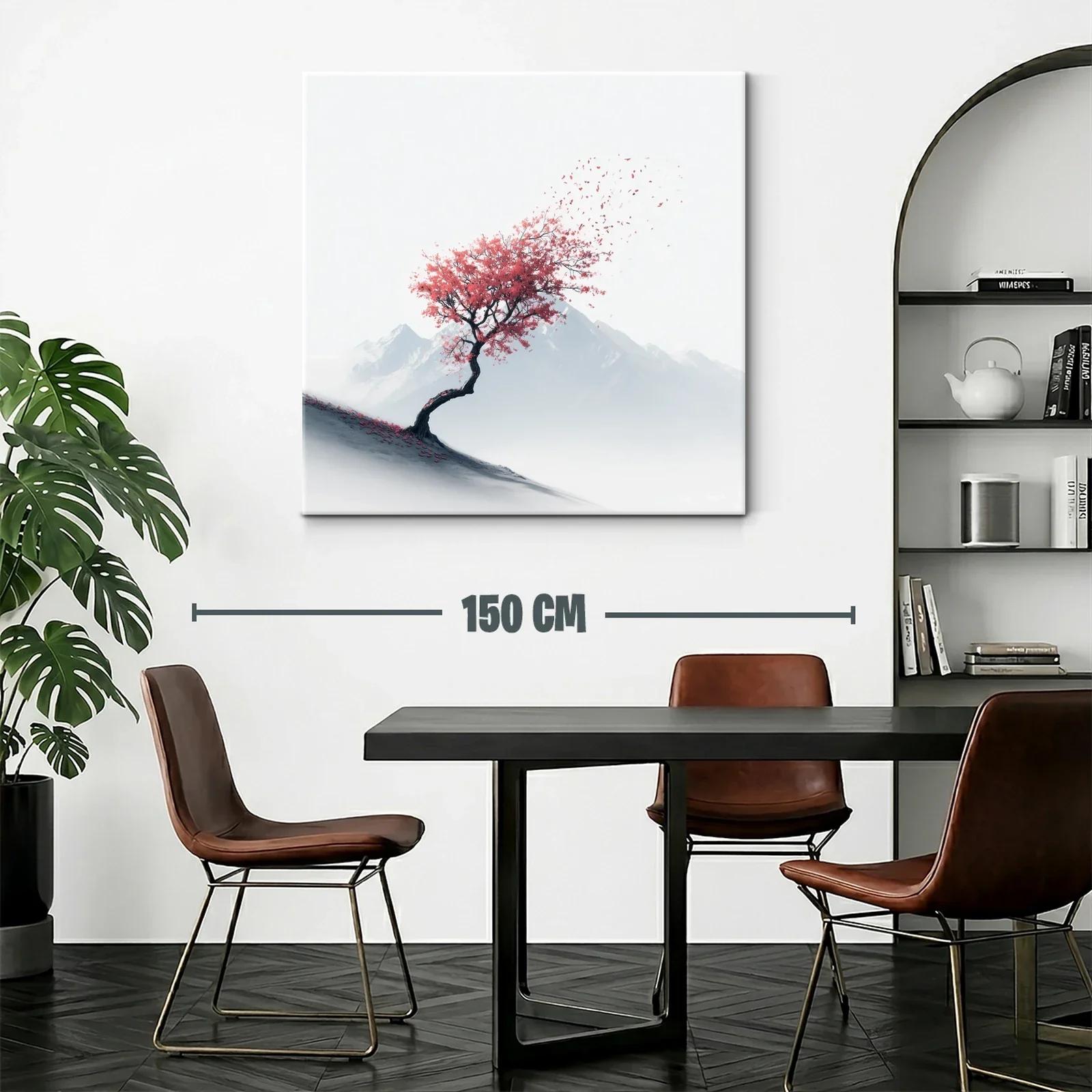 Árbol solitario con hojas rojas contra montañas — miniatura 2