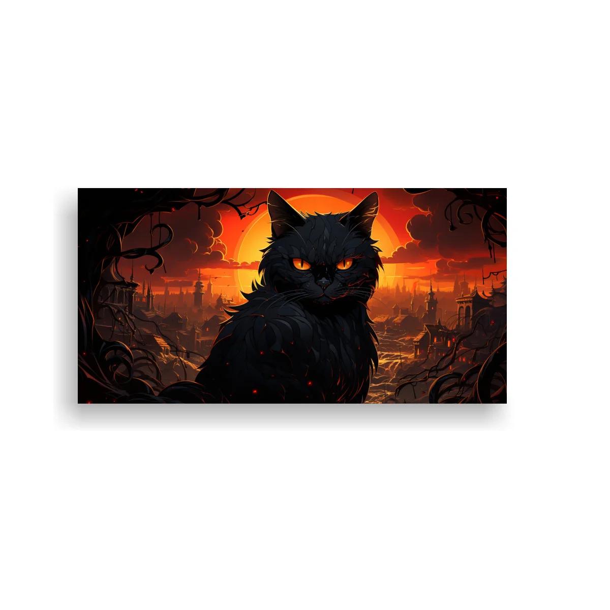 Cuadro gato negro de ojos naranjas enmarcado por ramas oscuras