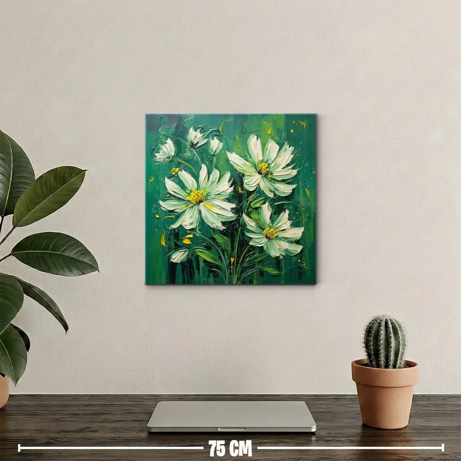 Cuadro flores blancas sobre fondo verde intenso — miniatura 2