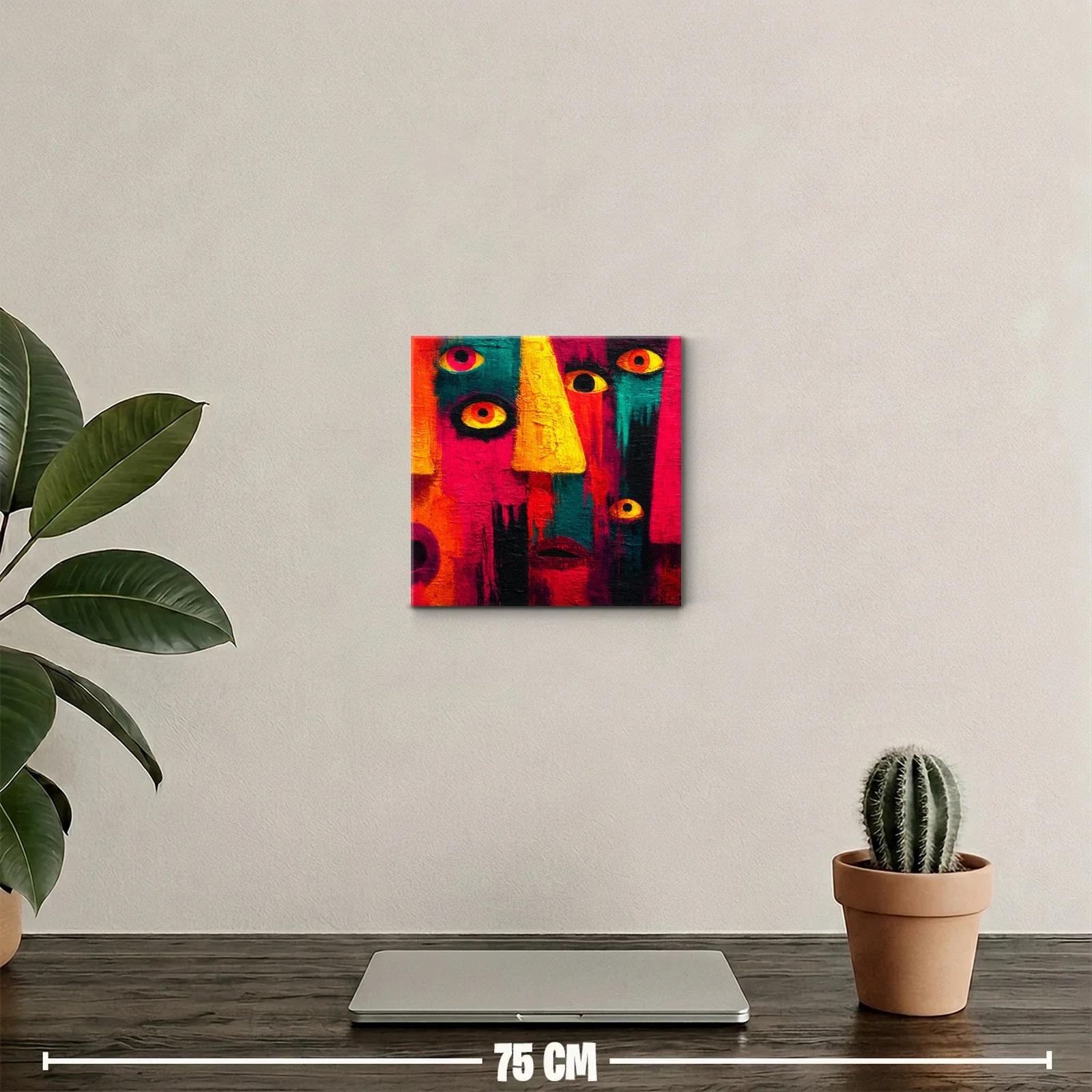 Cuadro abstracto con rostros y ojos vibrantes en colores intensos — miniatura 2