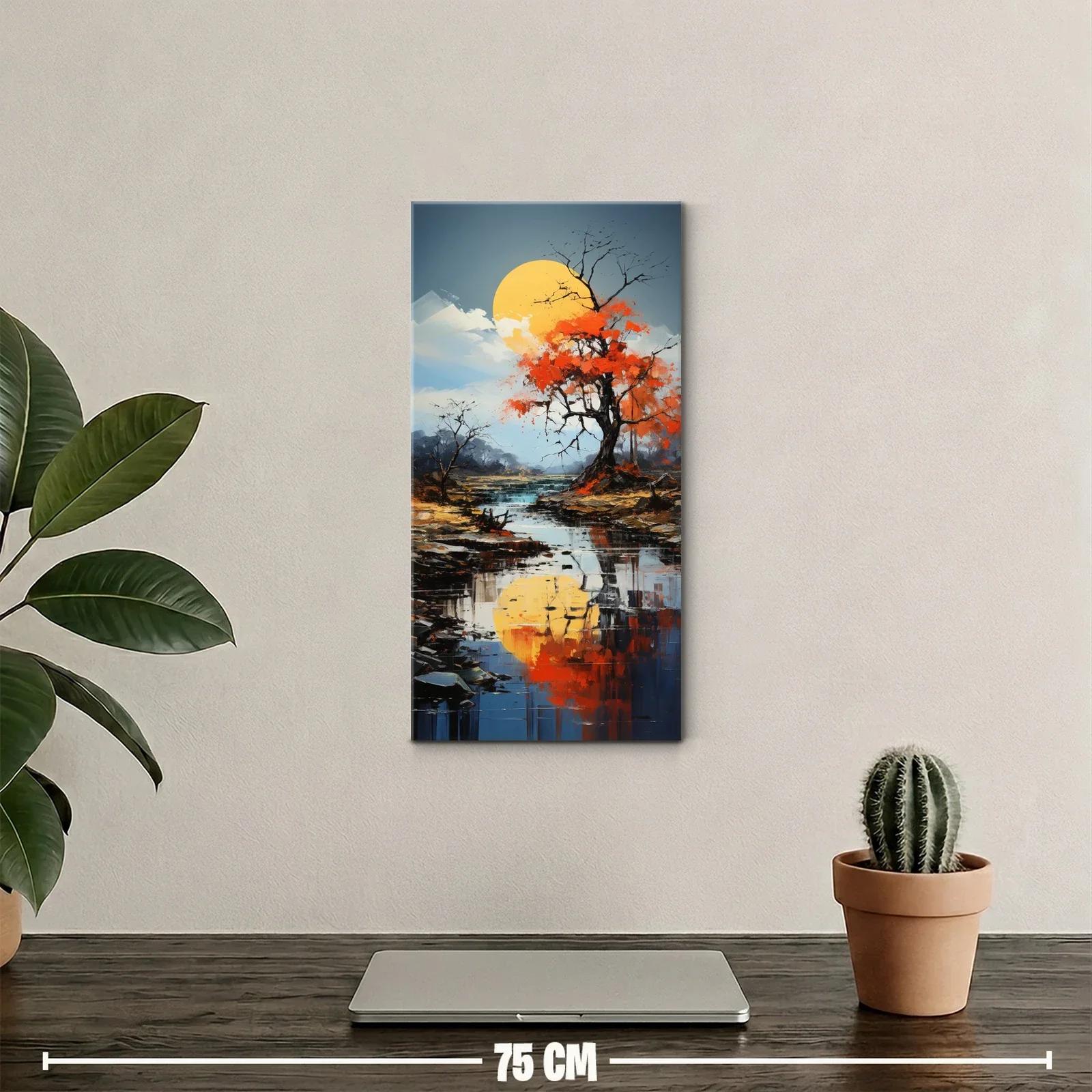 Cuadro árbol otoñal con reflejo y sol grande — miniatura 2