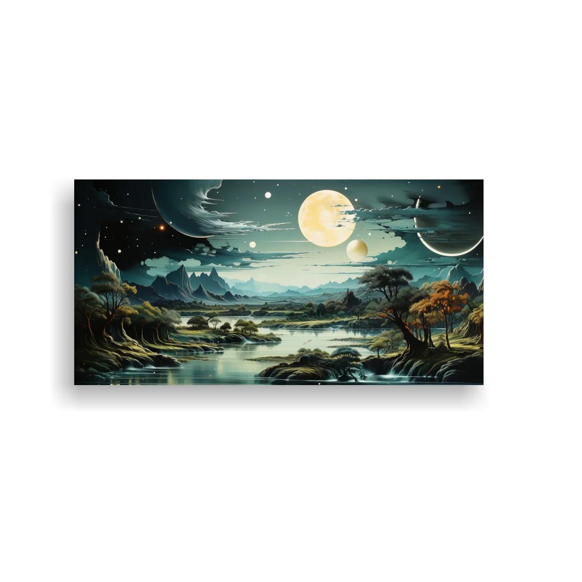Cuadro paisaje fantástico con gran luna brillante