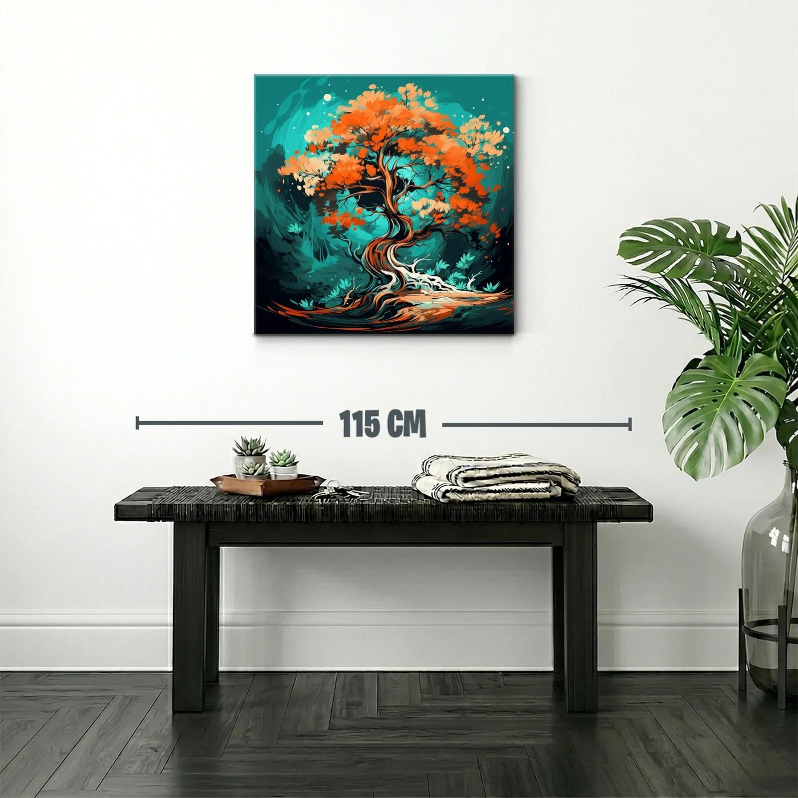 Árbol Abstracto con Hojas en Tonos Cálidos y Fondo Turquesa — miniatura 2