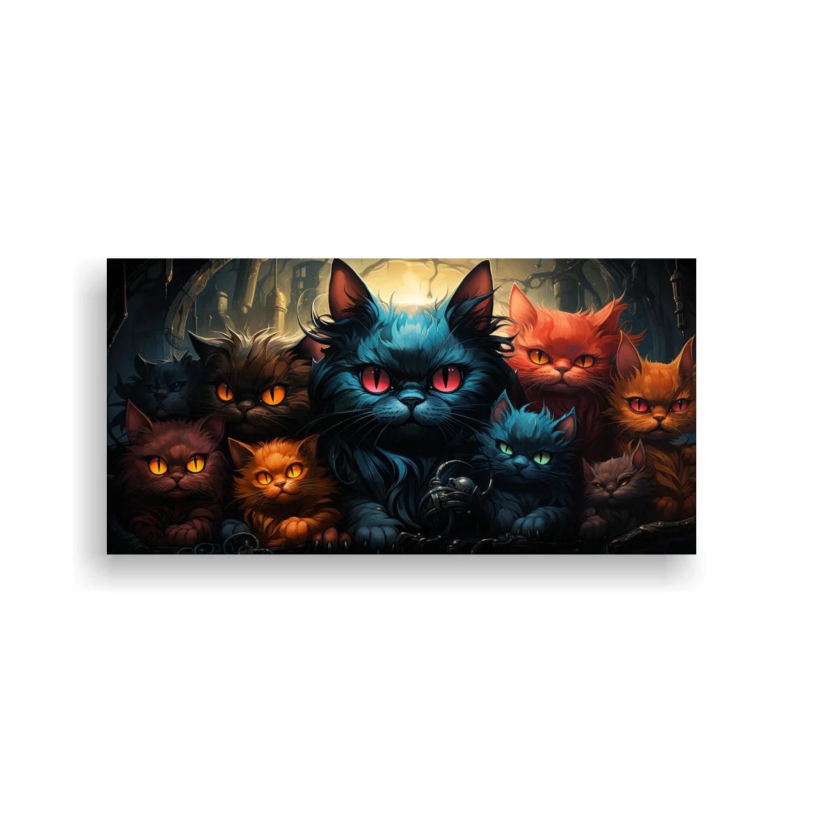 Cuadro grupo de gatos de ojos brillantes en bosque oscuro