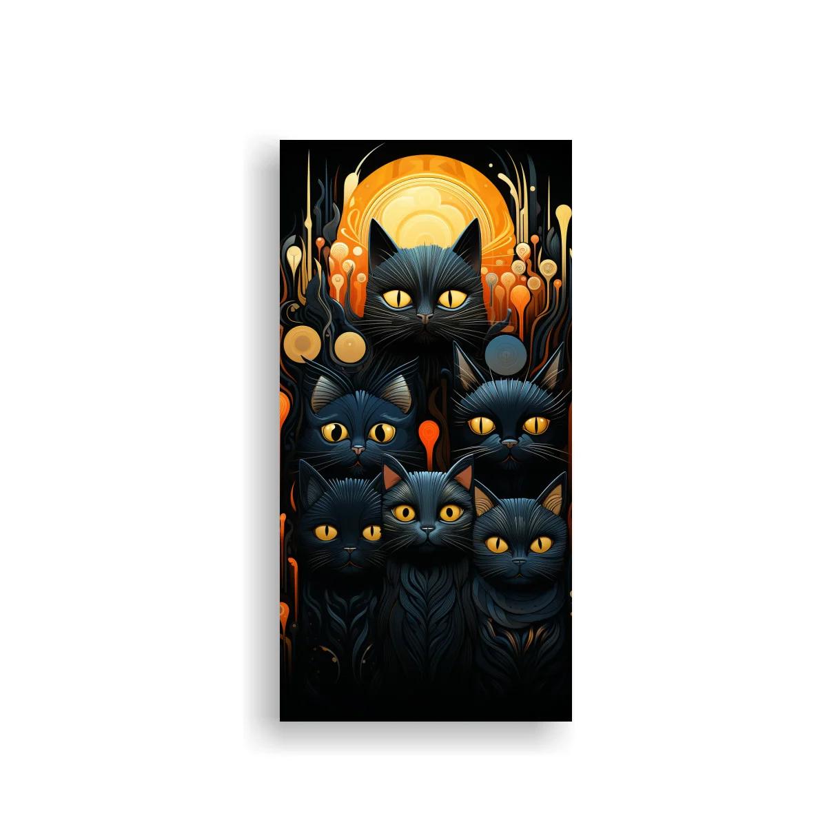Cuadro grupo de gatos negros bajo disco naranja