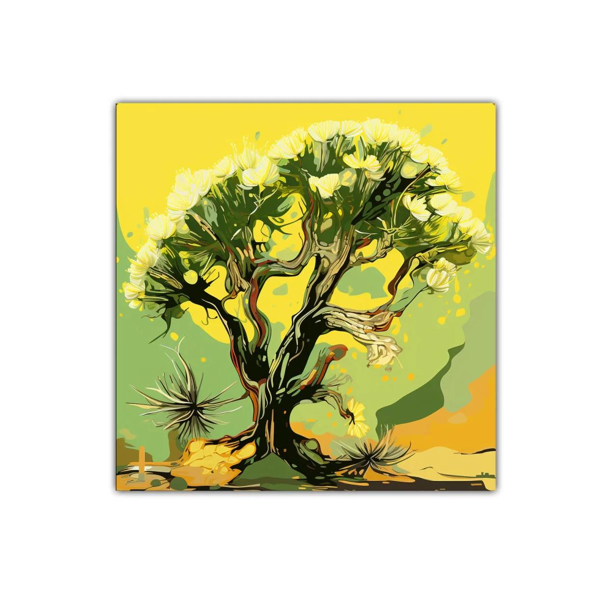 Árbol con Flores Amarillas en Fondo Abstracto Verde