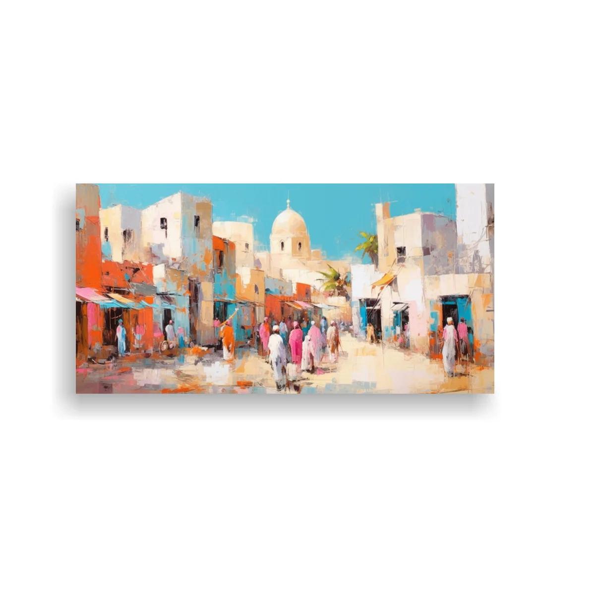 Cuadro calle de pueblo mediterráneo con palmeras y cúpula clara